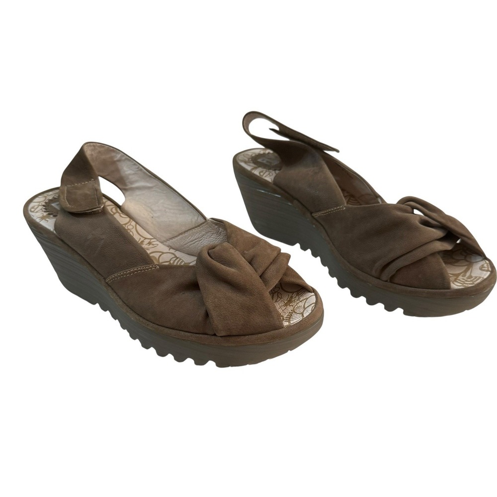 Fly London Brown Twisted Knot Wedge Sandals